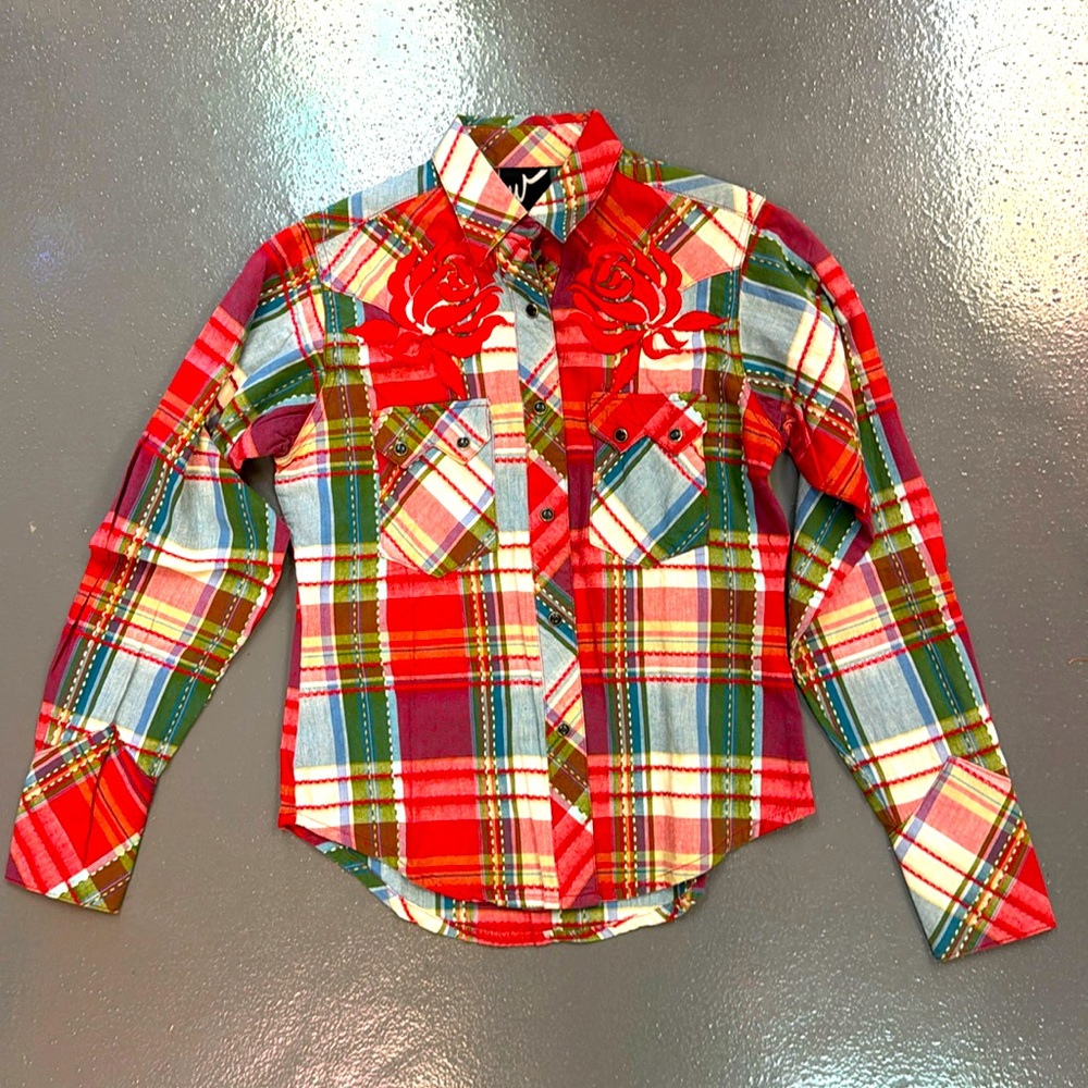 Western Denim Bank sparkly-plaid cowgirl shirt
